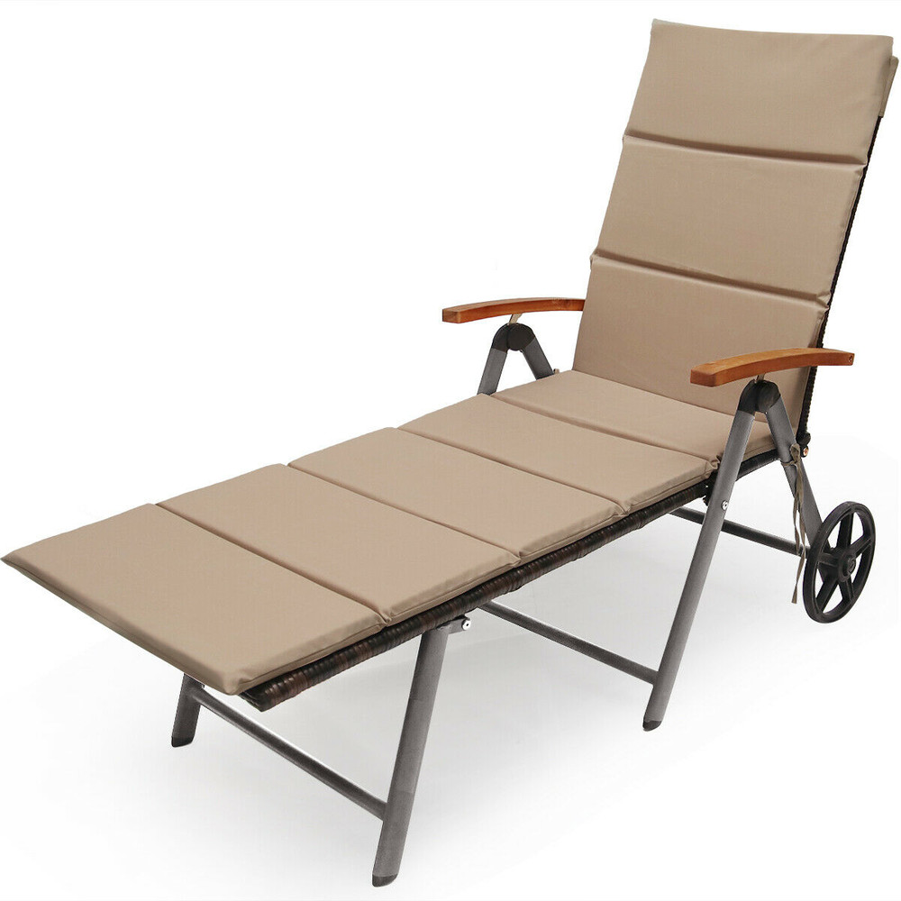 Foldable Wicker Outdoor Chaise Lounge Chair with Aluminum Frame, Adjustable Recliner with Wheels for Patio, Poolside