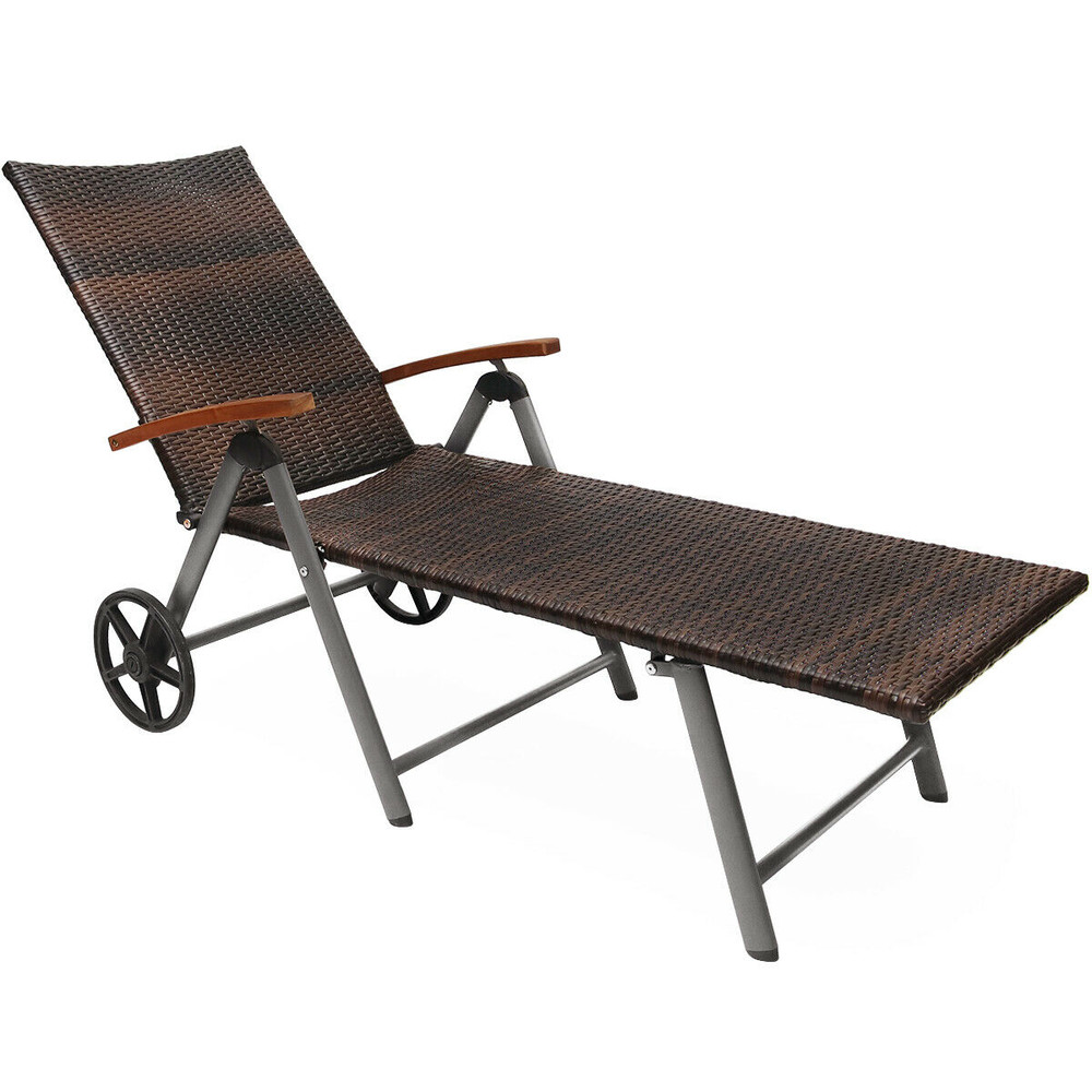 Foldable Wicker Outdoor Chaise Lounge Chair with Aluminum Frame, Adjustable Recliner with Wheels for Patio, Poolside