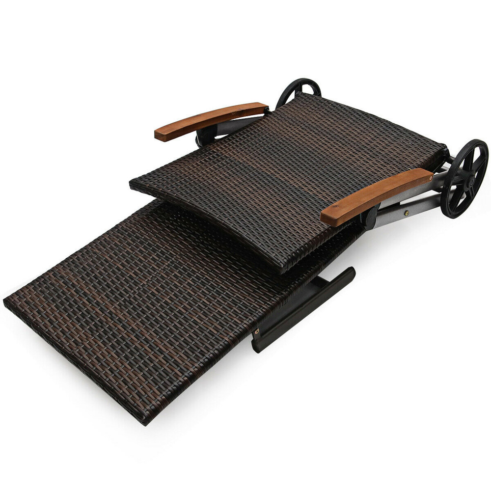 Foldable Wicker Outdoor Chaise Lounge Chair with Aluminum Frame, Adjustable Recliner with Wheels for Patio, Poolside