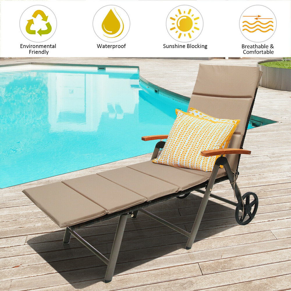 Foldable Wicker Outdoor Chaise Lounge Chair with Aluminum Frame, Adjustable Recliner with Wheels for Patio, Poolside