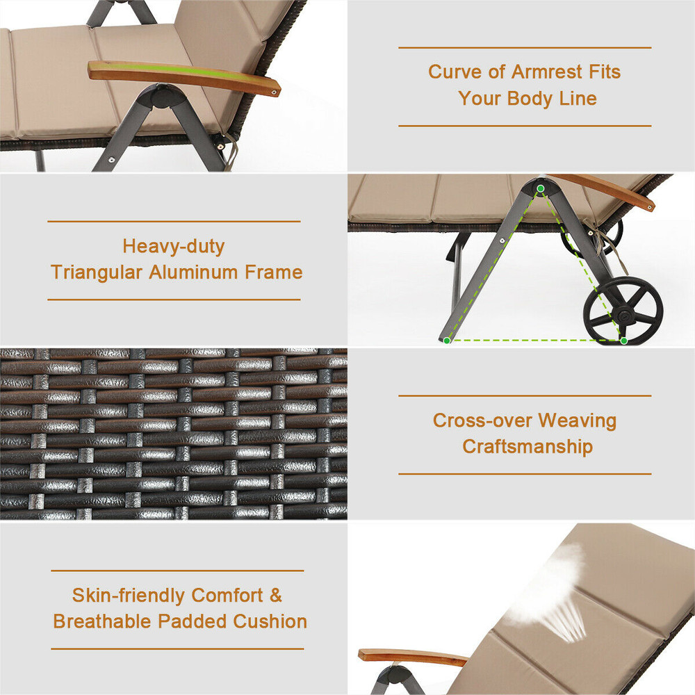 Foldable Wicker Outdoor Chaise Lounge Chair with Aluminum Frame, Adjustable Recliner with Wheels for Patio, Poolside