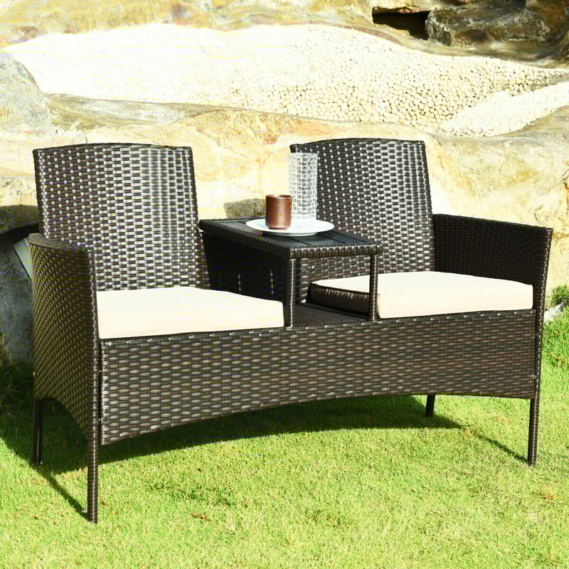 Patented Modern Patio Set with Built-in Coffee Table and Cushions, Outdoor Loveseat Furniture for Porch, Backyard