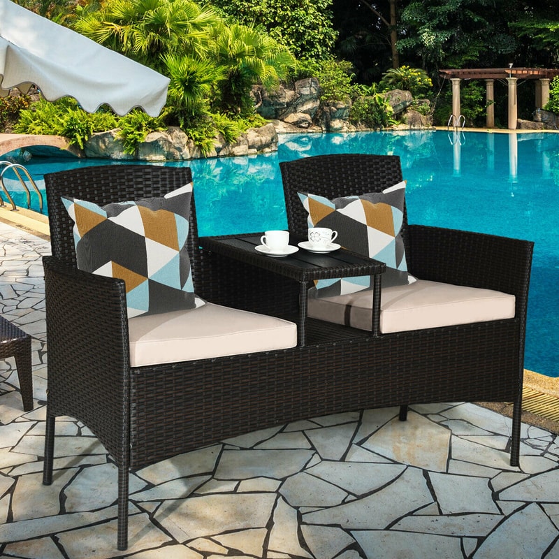 Patented Modern Patio Set with Built-in Coffee Table and Cushions, Outdoor Loveseat Furniture for Porch, Backyard