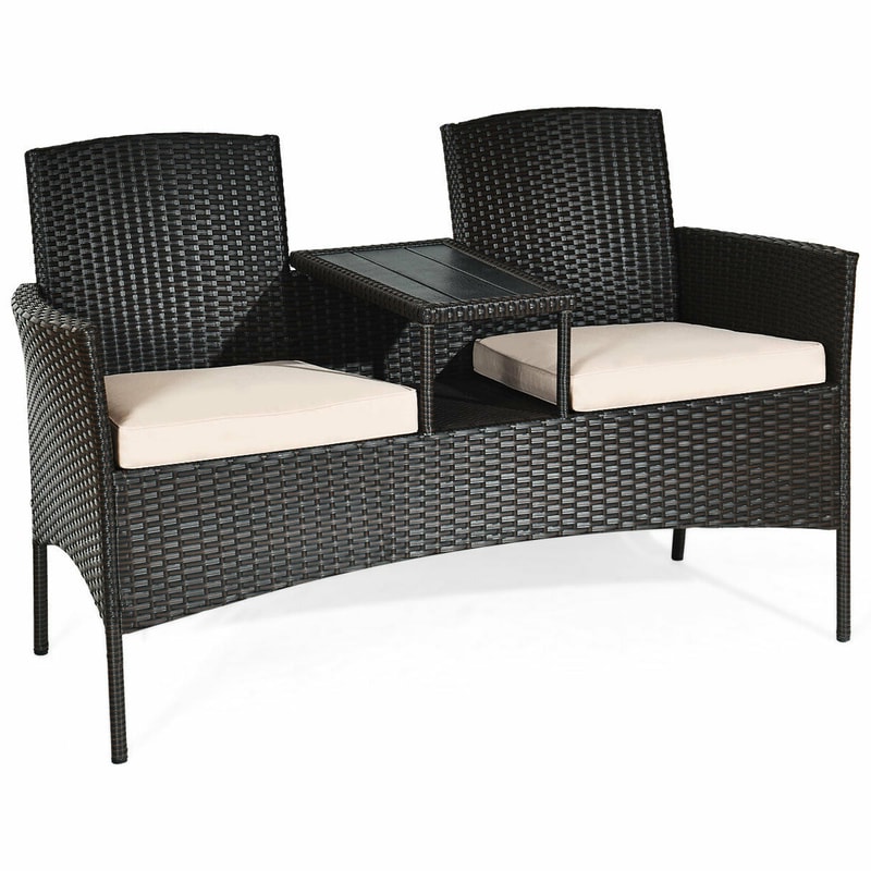 Patented Modern Patio Set with Built-in Coffee Table and Cushions, Outdoor Loveseat Furniture for Porch, Backyard