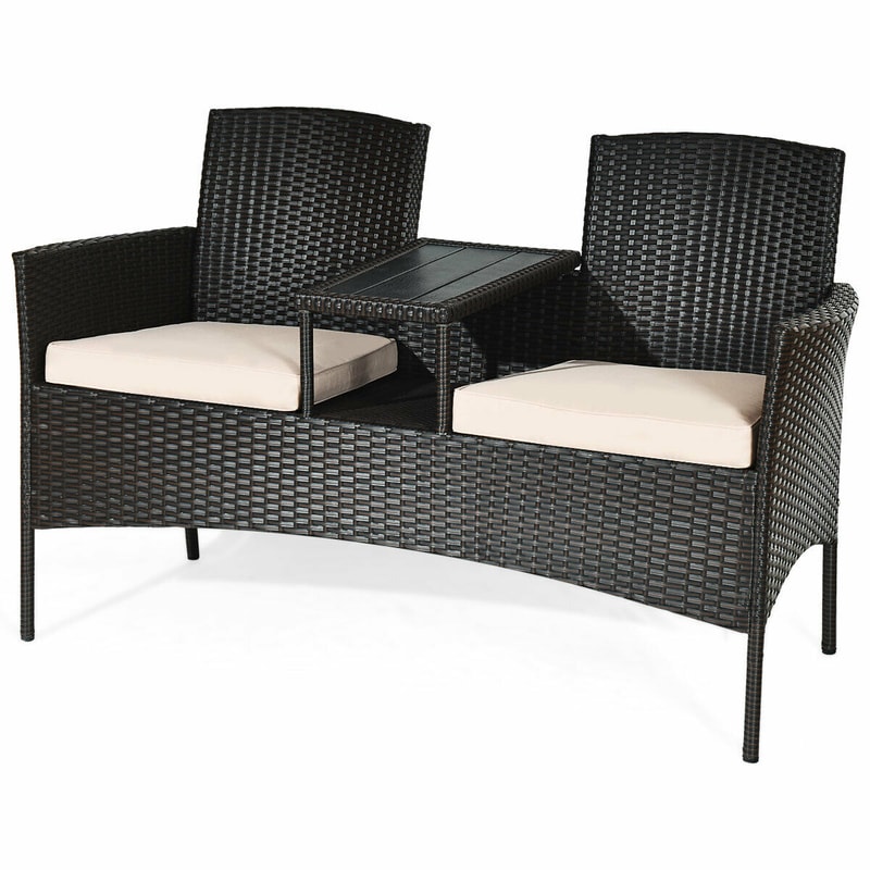 Patented Modern Patio Set with Built-in Coffee Table and Cushions, Outdoor Loveseat Furniture for Porch, Backyard