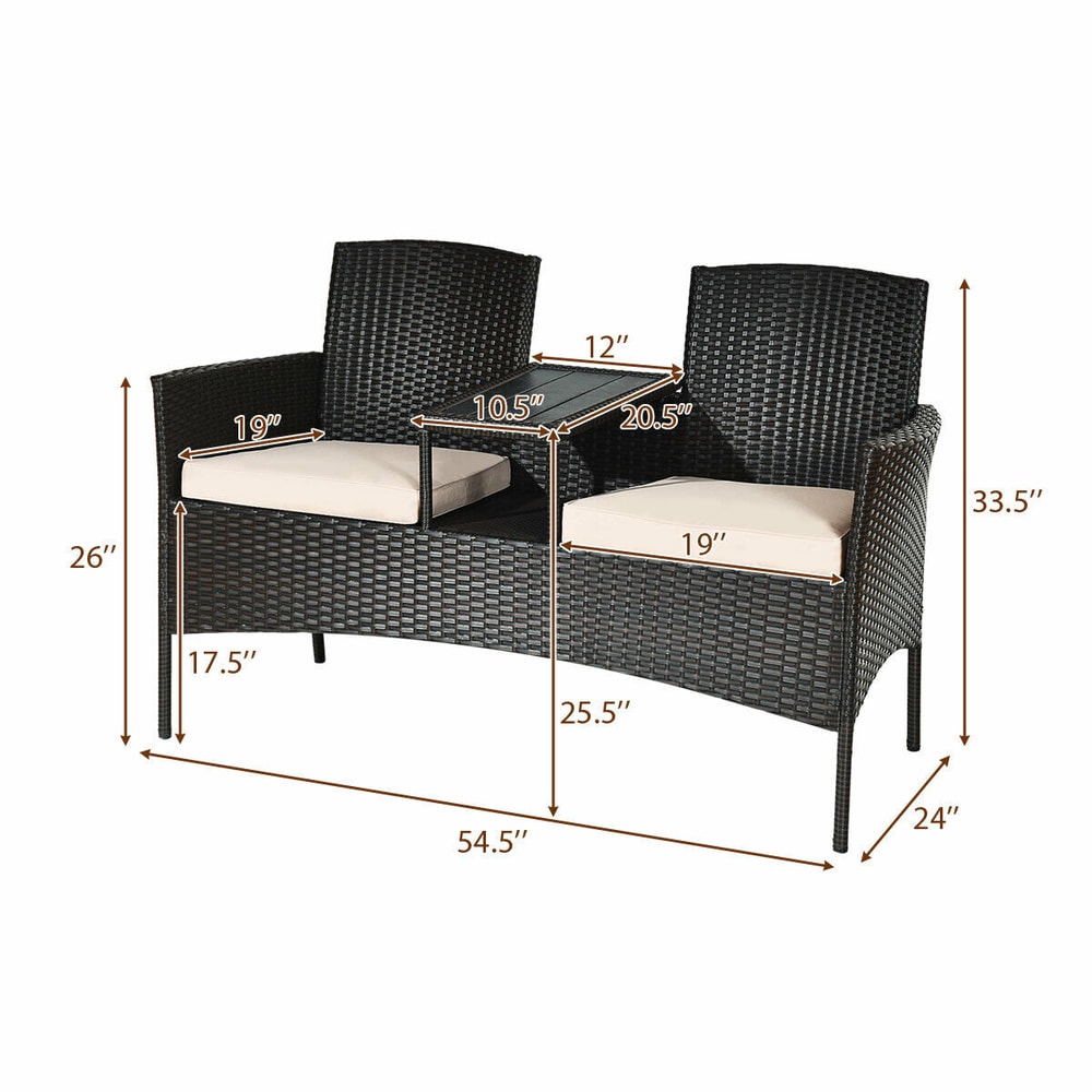 Patented Modern Patio Set with Built-in Coffee Table and Cushions, Outdoor Loveseat Furniture for Porch, Backyard