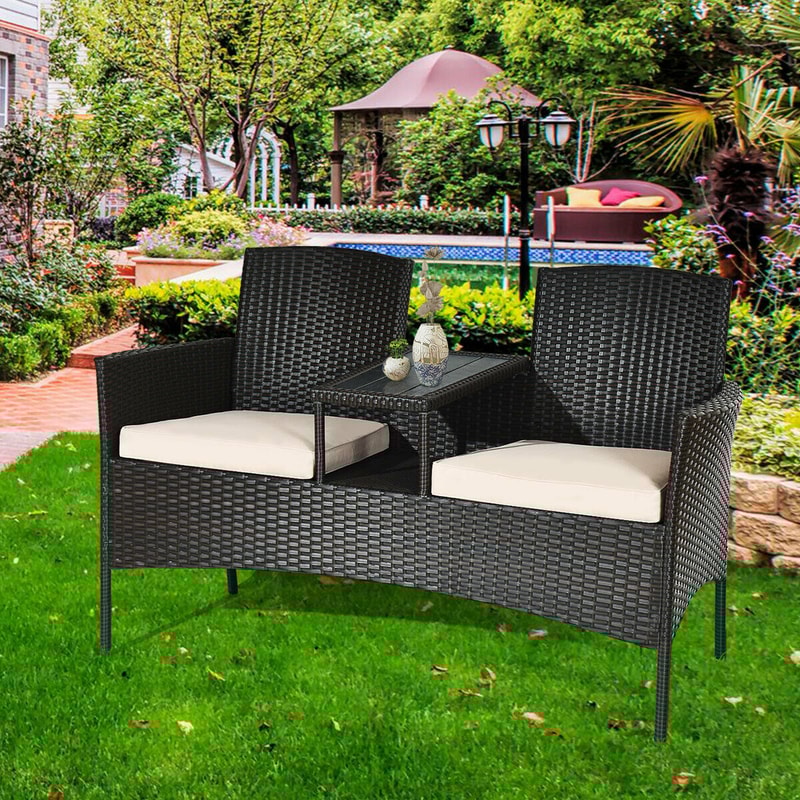 Patented Modern Patio Set with Built-in Coffee Table and Cushions, Outdoor Loveseat Furniture for Porch, Backyard