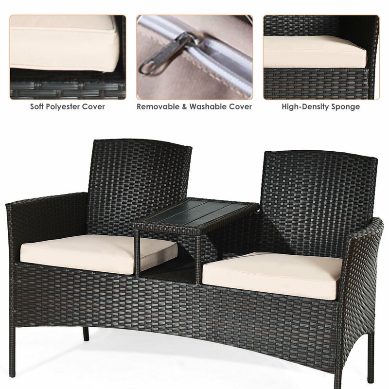 Patented Modern Patio Set with Built-in Coffee Table and Cushions, Outdoor Loveseat Furniture for Porch, Backyard