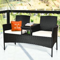 wicker patio conversation furniture set with removable cushions and tempered glass table for backyard, balcony & garden
