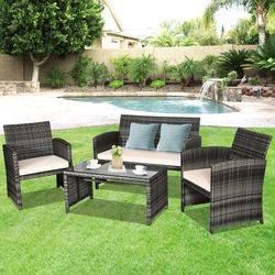 4 pieces patio rattan furniture set with glass table and loveseat, outdoor wicker sofa chair set for backyard, porch