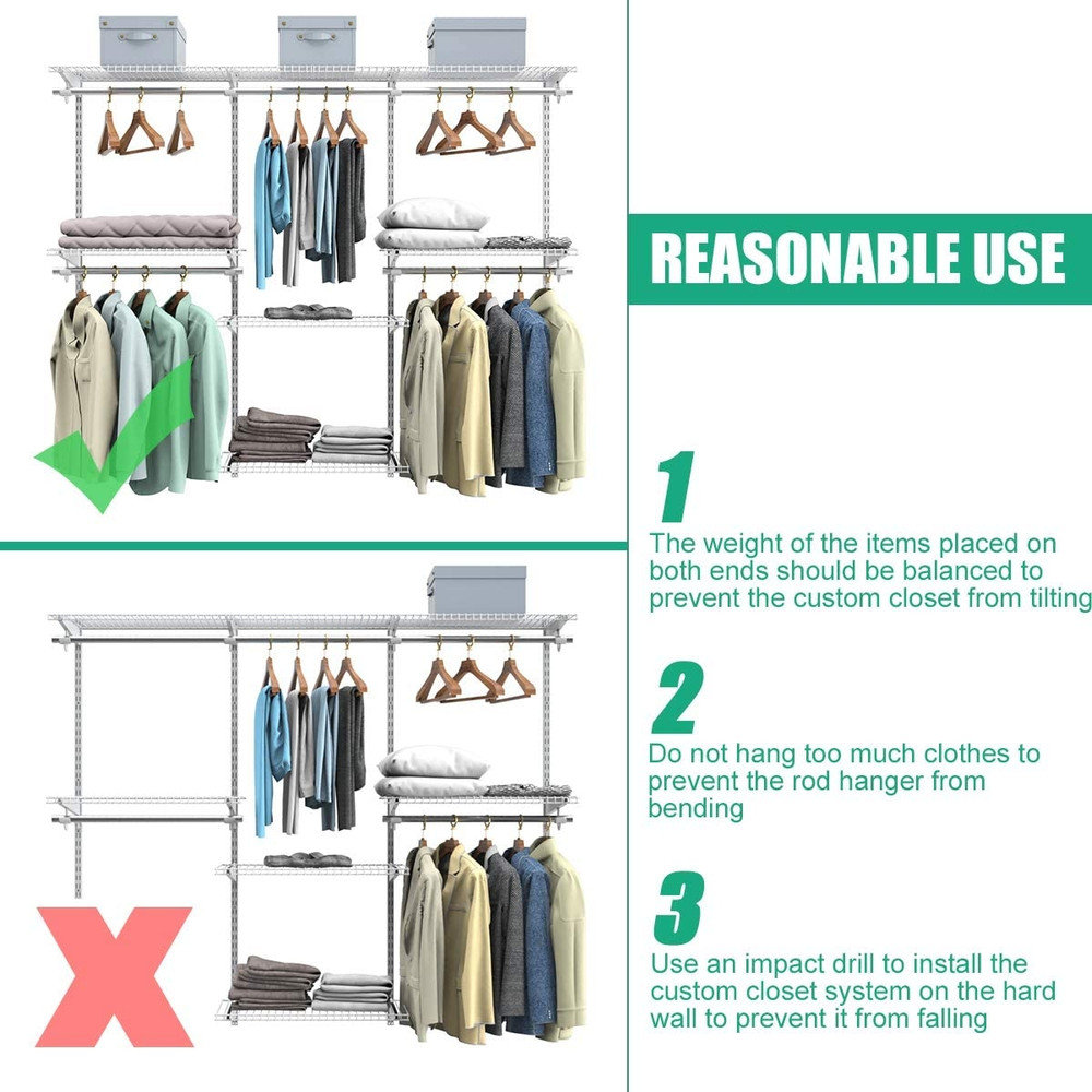 Custom Adjustable Wall Mounted Closet Rack System With Wire Shelf Hanging Rods Space Saving Storag 4