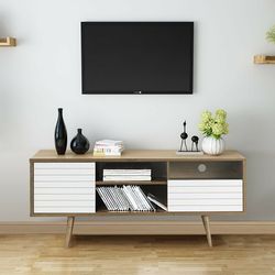 65 inch tv stand with storage, mid-century modern entertainment center & shelves