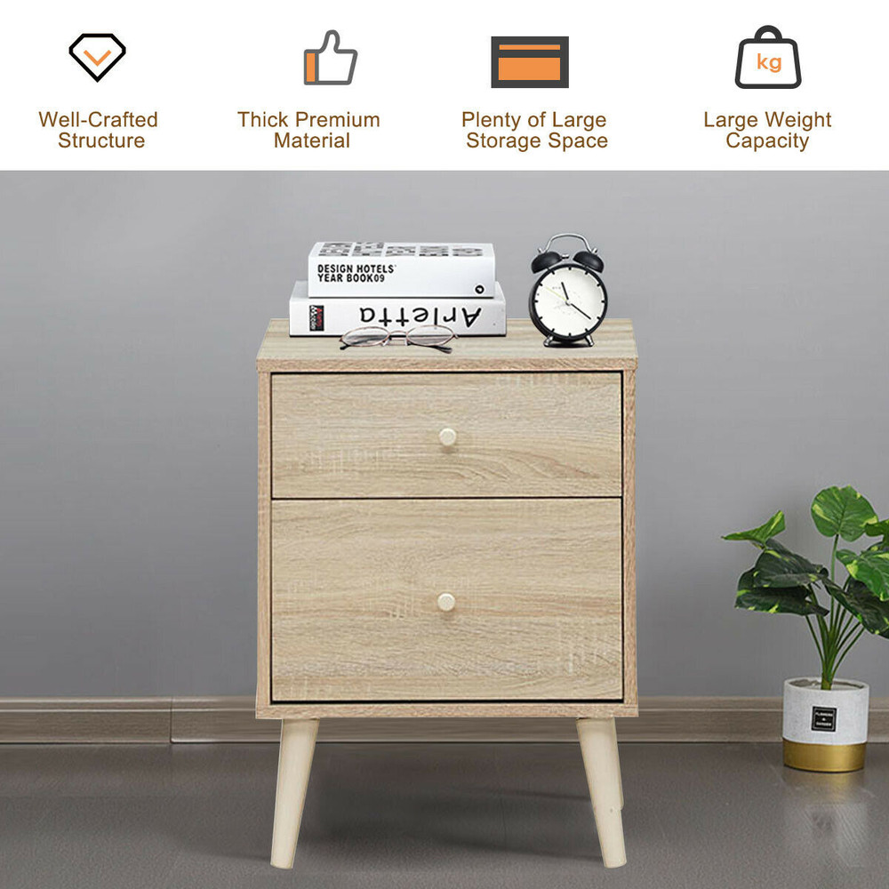 Modern Nightstand with 2 Storage Drawers, Freestanding Bedside Table with Rubber Legs