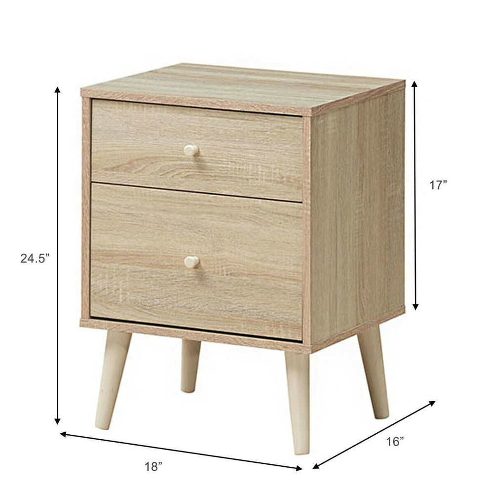 Modern Nightstand with 2 Storage Drawers, Freestanding Bedside Table with Rubber Legs