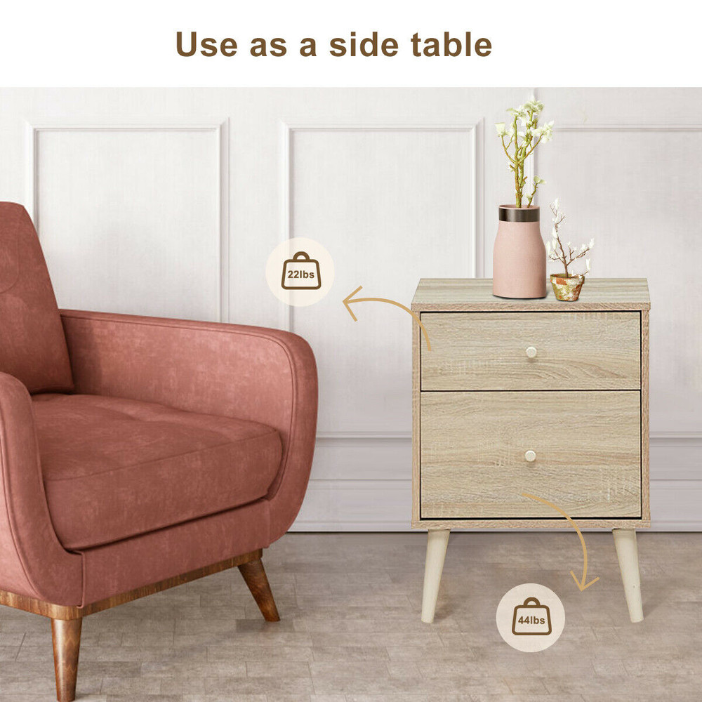Modern Nightstand with 2 Storage Drawers, Freestanding Bedside Table with Rubber Legs