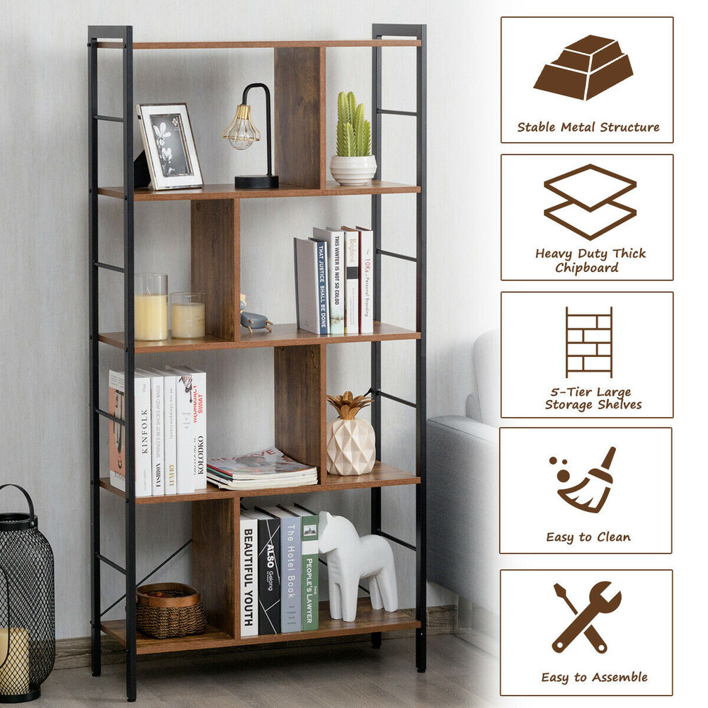4 Tier Industrial Bookshelf, Freestanding Storage Rack with Metal Frame & Chipboard Shelves