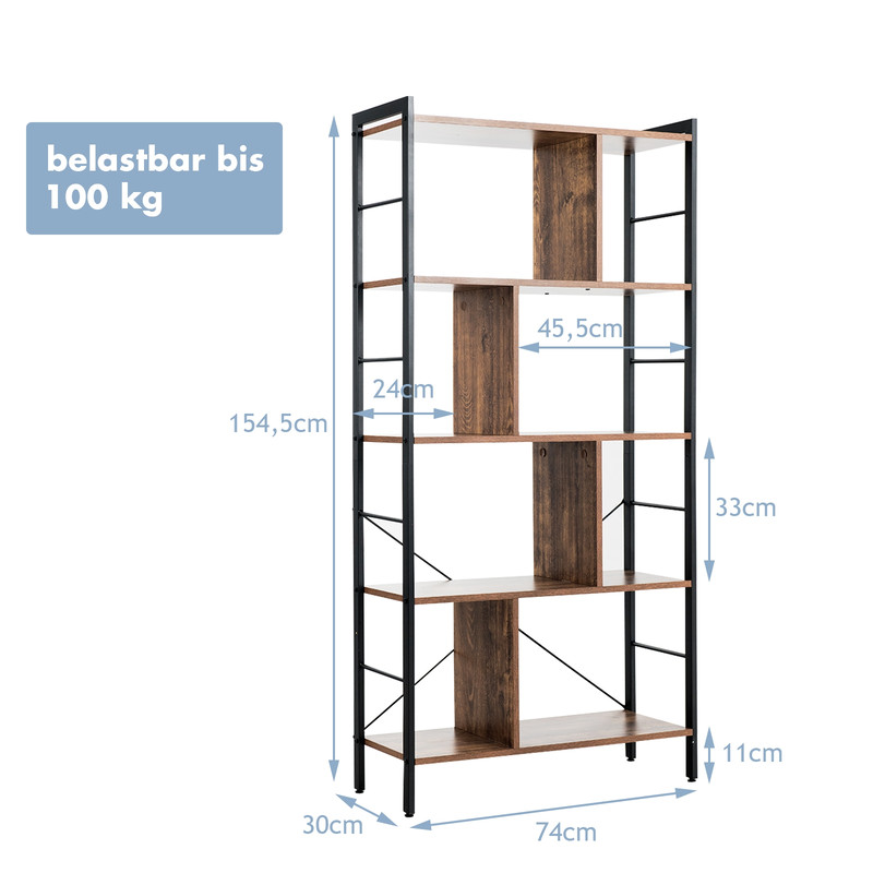 4 Tier Industrial Bookshelf, Freestanding Storage Rack with Metal Frame & Chipboard Shelves