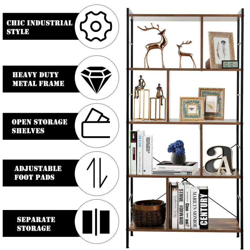 4 Tier Industrial Bookshelf, Freestanding Storage Rack with Metal Frame & Chipboard Shelves