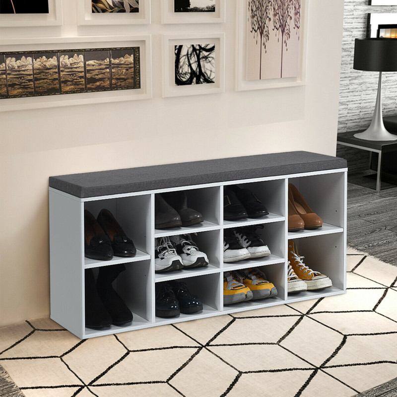 10-Cube Organizer Shoe Storage Bench with Cushion for Entryway, Adjustable Shelves & Padded Seat for Hallway, Bedroom