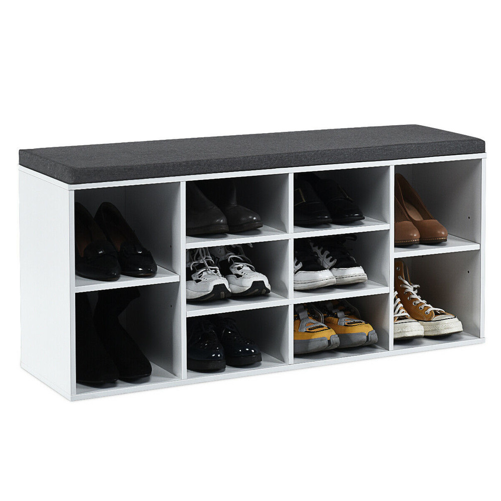 10-Cube Organizer Shoe Storage Bench with Cushion for Entryway, Adjustable Shelves & Padded Seat for Hallway, Bedroom