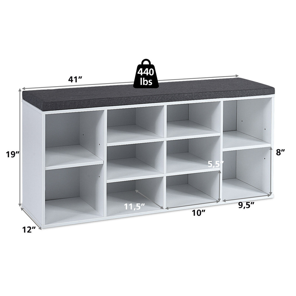 10-Cube Organizer Shoe Storage Bench with Cushion for Entryway, Adjustable Shelves & Padded Seat for Hallway, Bedroom