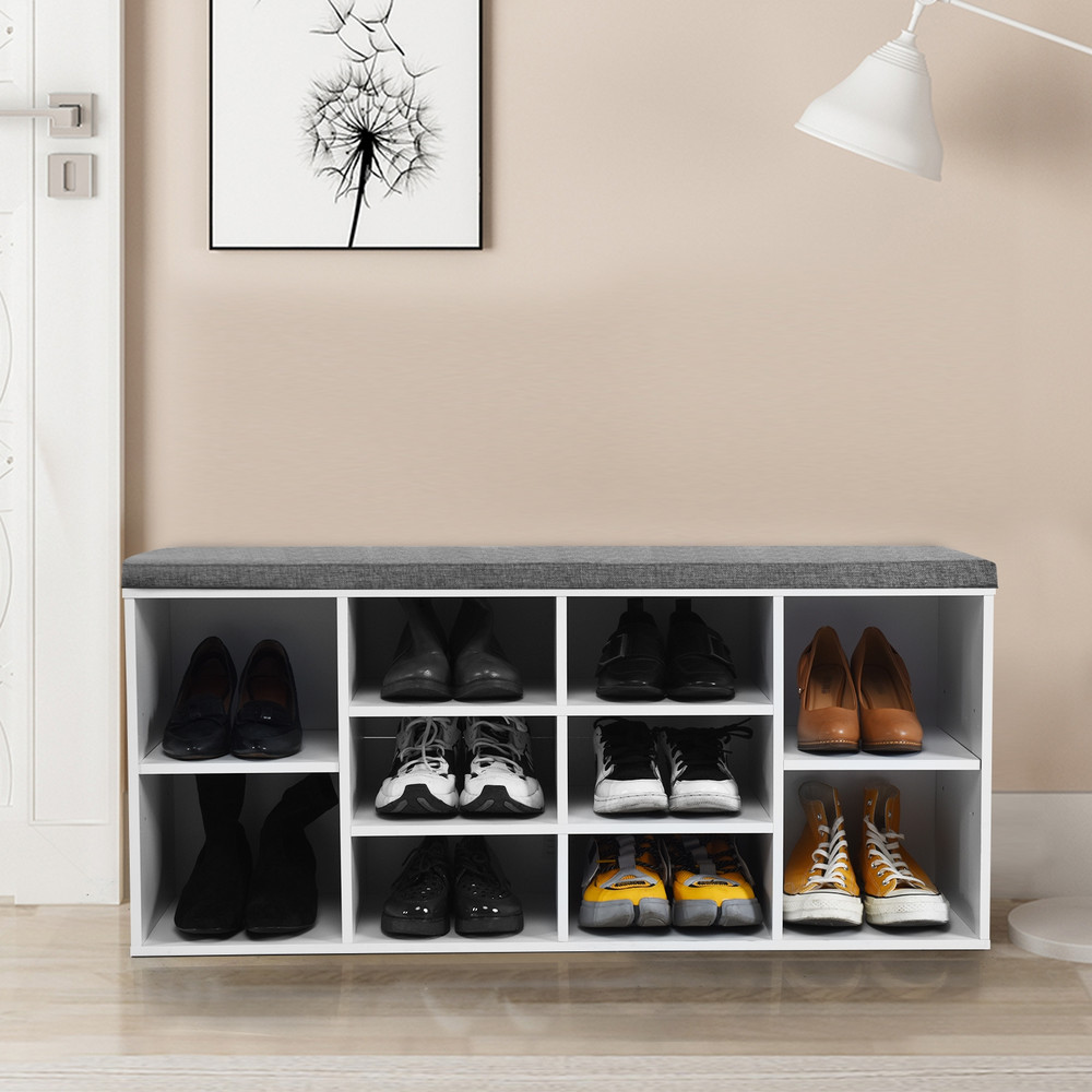 10-Cube Organizer Shoe Storage Bench with Cushion for Entryway, Adjustable Shelves & Padded Seat for Hallway, Bedroom
