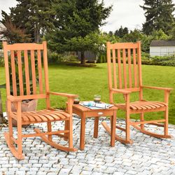 3-piece eucalyptus rocking chair set with coffee table, outdoor patio furniture