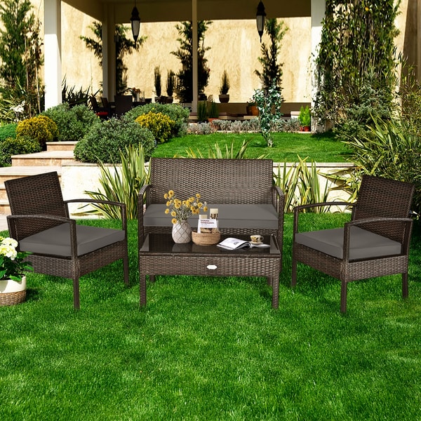 4Piece Patio Rattan Cushioned Furniture Set With Loveseat Coffee Table Outdoor Lounge Set 0