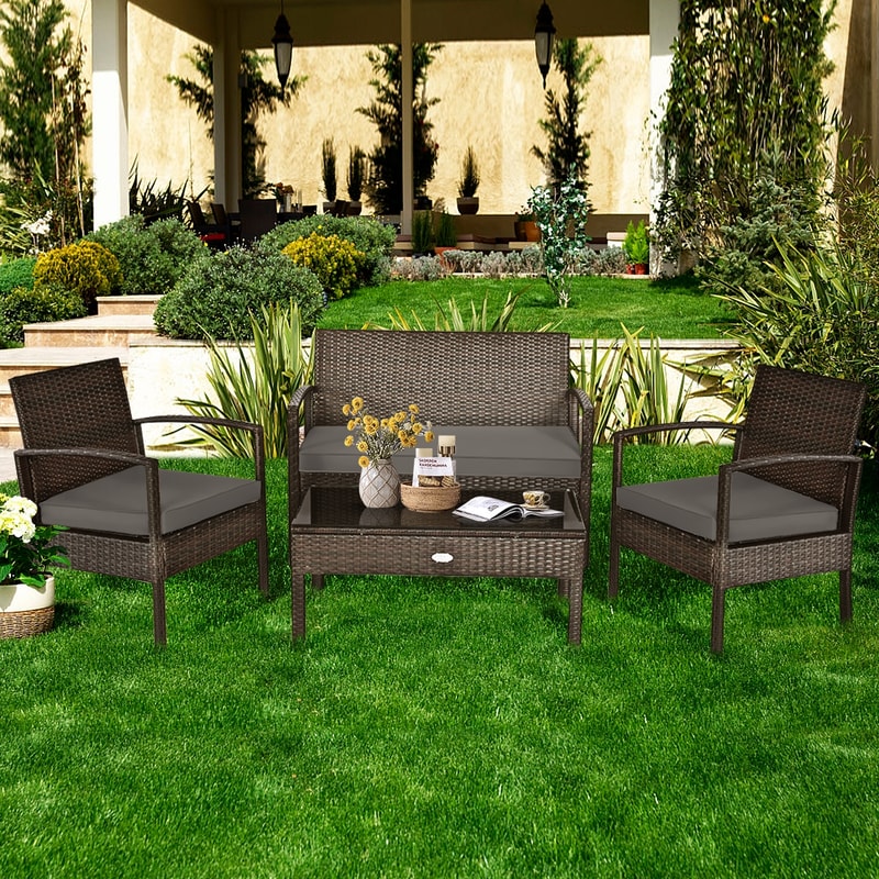 4Piece Patio Rattan Cushioned Furniture Set With Loveseat Coffee Table Outdoor Lounge Set 0
