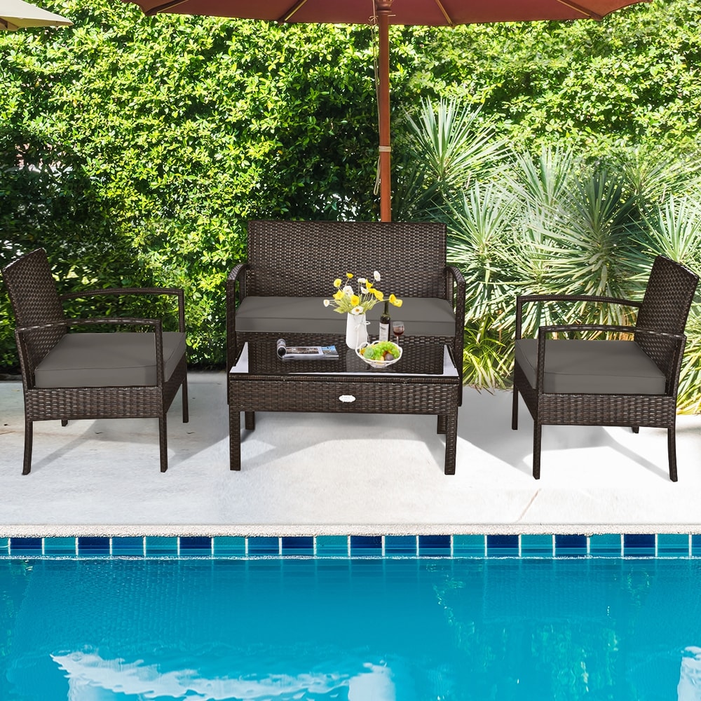 4Piece Patio Rattan Cushioned Furniture Set With Loveseat Coffee Table Outdoor Lounge Set 3