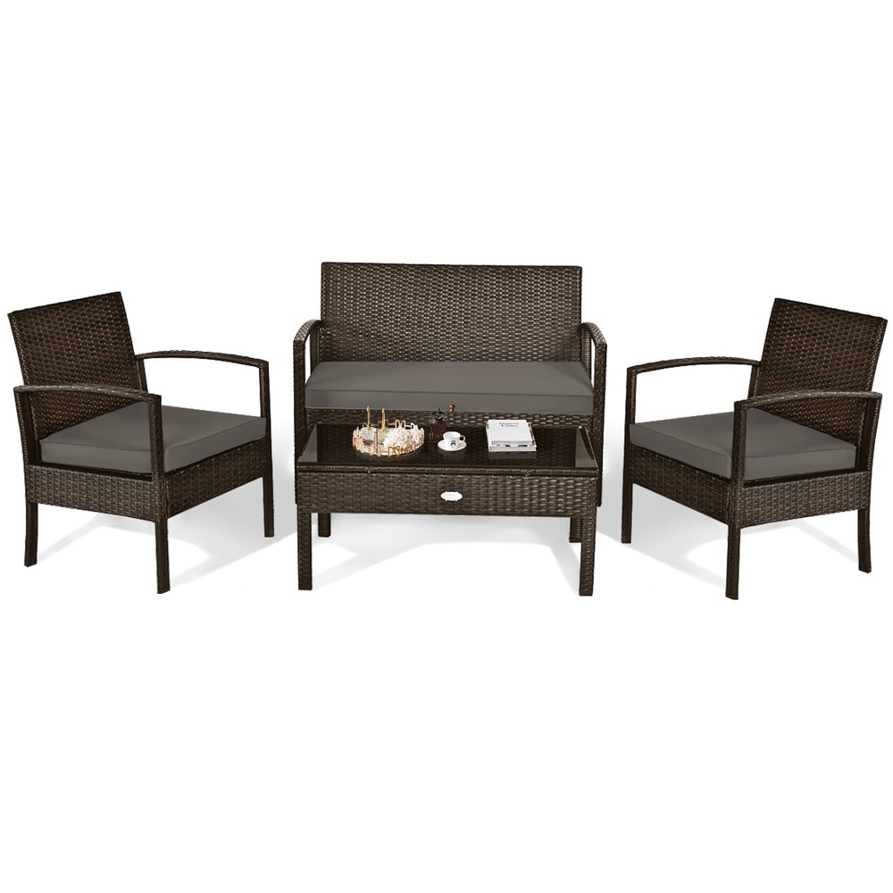 4Piece Patio Rattan Cushioned Furniture Set With Loveseat Coffee Table Outdoor Lounge Set 4