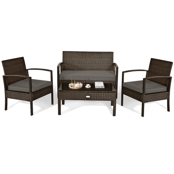 4Piece Patio Rattan Cushioned Furniture Set With Loveseat Coffee Table Outdoor Lounge Set 4