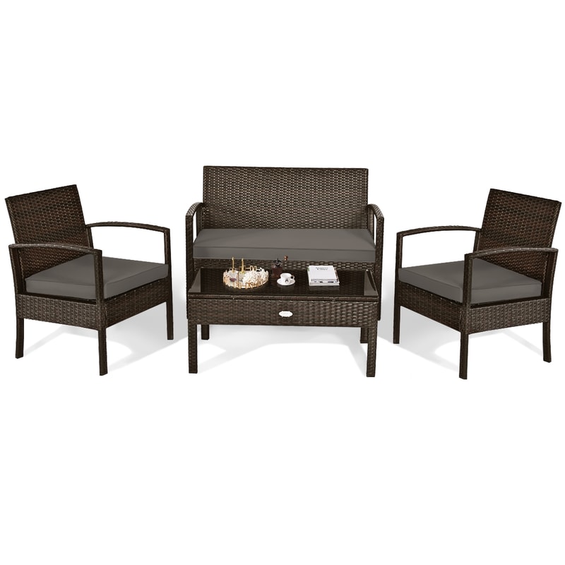 4Piece Patio Rattan Cushioned Furniture Set With Loveseat Coffee Table Outdoor Lounge Set 4