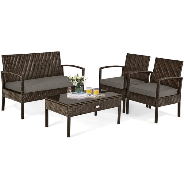 4Piece Patio Rattan Cushioned Furniture Set With Loveseat Coffee Table Outdoor Lounge Set 7