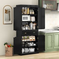 kitchen pantry storage cabinet with doors, drawer & adjustable shelves, freestanding cupboard for dining room or kitchen