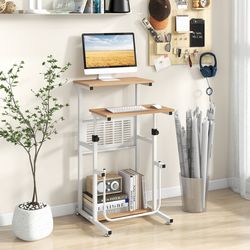 standing desk for small space, sit stand desk with height adjustable desktop & footrest, compact workstation
