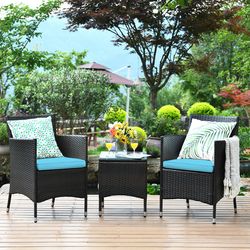 3 pieces ergonomic wicker patio conversation set outdoor rattan furniture with cushions & coffee table for garden