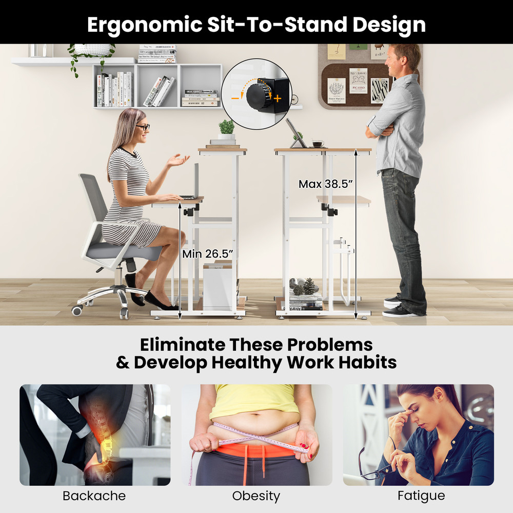 Standing Desk for Small Space, Sit Stand Desk with Height Adjustable Desktop & Footrest, Compact Workstation