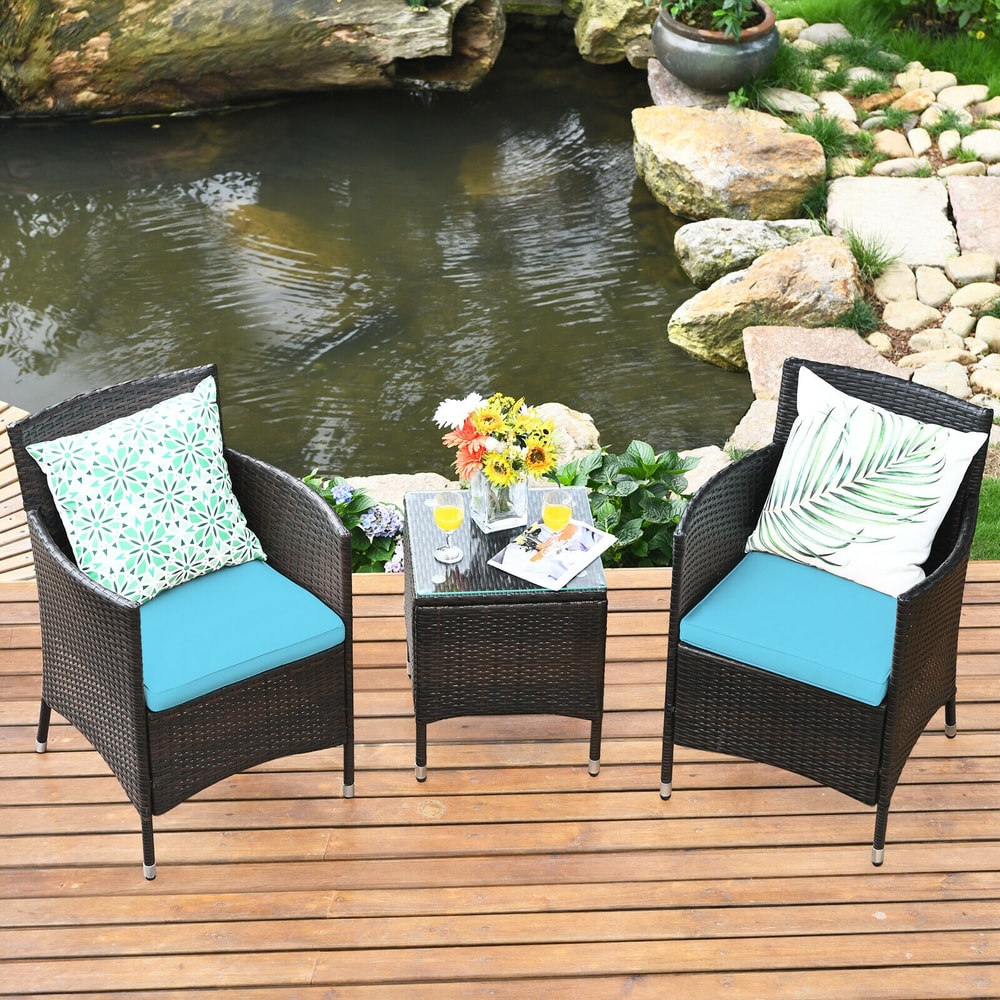 3 Pieces Ergonomic Wicker Patio Conversation Set Outdoor Rattan Furniture with Cushions & Coffee Table for Garden