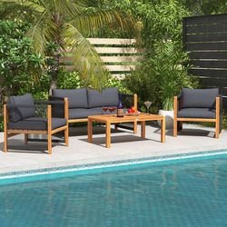 4 pieces acacia wood sofa set with cushions for outdoor patio | garden furniture set for porch, backyard, deck & balcony