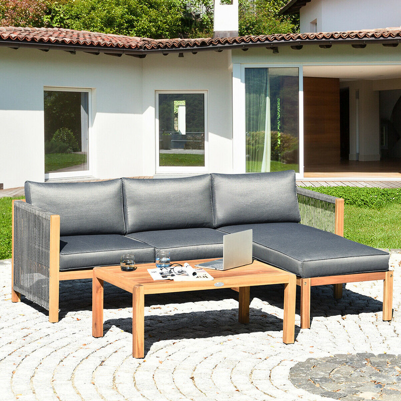 3 Pieces Patio Acacia Wood Sofa Furniture Set with Nylon Rope Armrest, Outdoor Sectional Seating with Cushions & Coffee