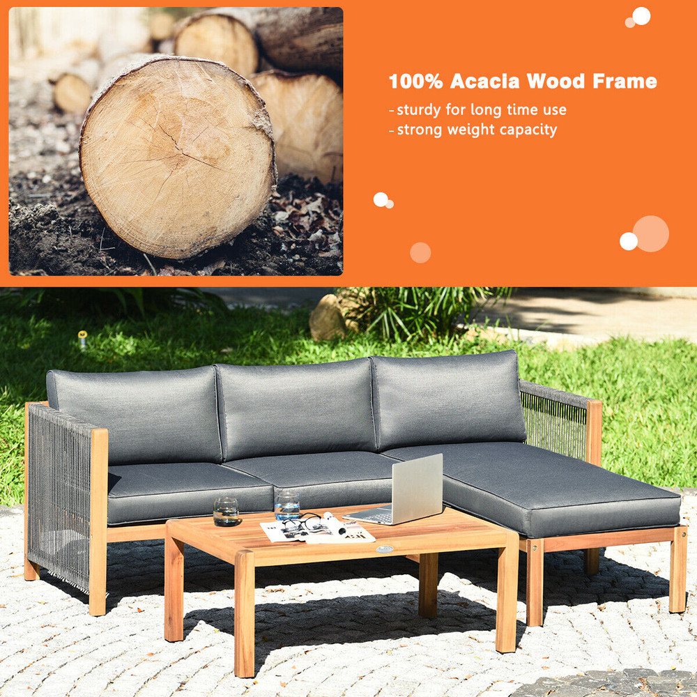 3 Pieces Patio Acacia Wood Sofa Furniture Set with Nylon Rope Armrest, Outdoor Sectional Seating with Cushions & Coffee