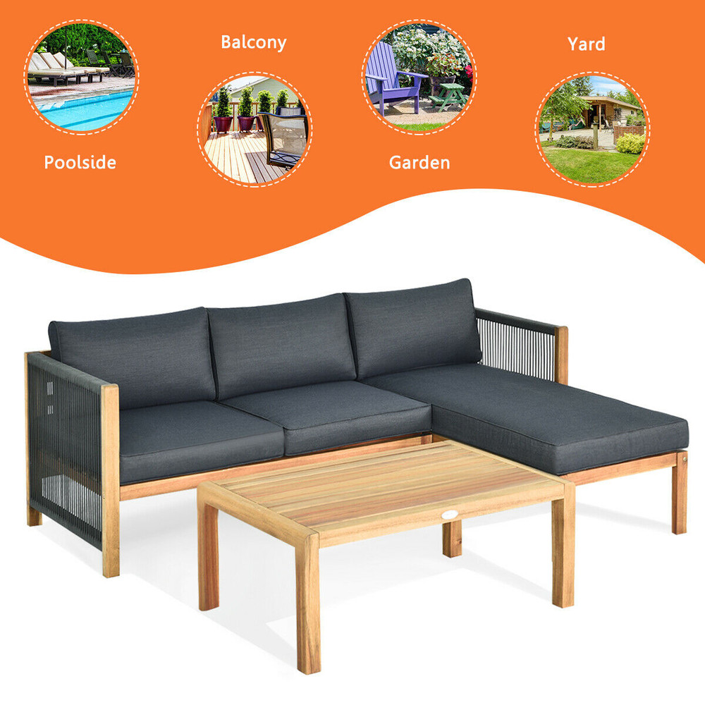 3 Pieces Patio Acacia Wood Sofa Furniture Set with Nylon Rope Armrest, Outdoor Sectional Seating with Cushions & Coffee