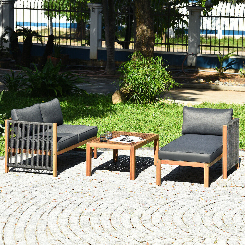 3 Pieces Patio Acacia Wood Sofa Furniture Set with Nylon Rope Armrest, Outdoor Sectional Seating with Cushions & Coffee