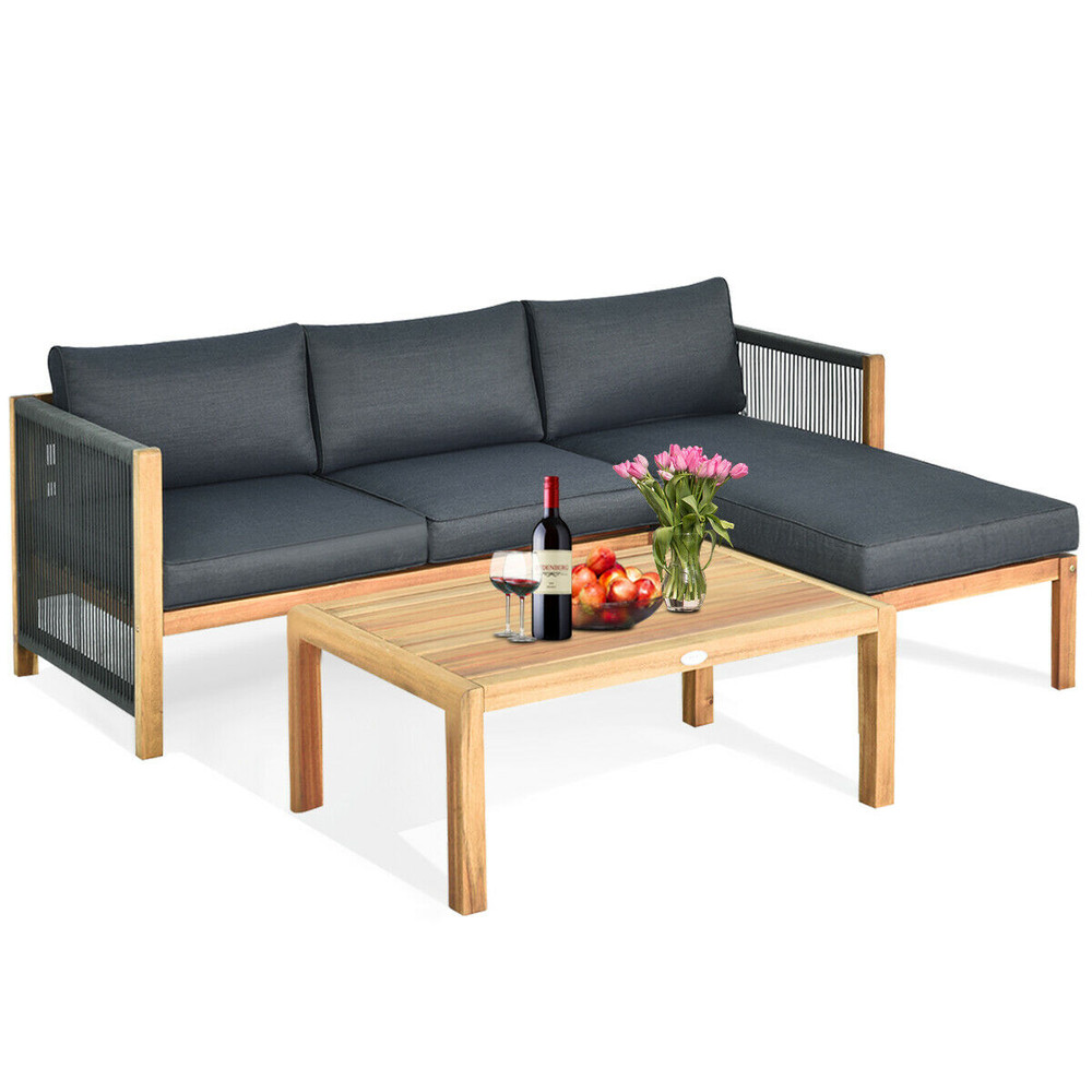 3 Pieces Patio Acacia Wood Sofa Furniture Set with Nylon Rope Armrest, Outdoor Sectional Seating with Cushions & Coffee