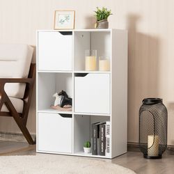 6 cubes wood storage shelves with doors, modern bookcase cabinet for home office organization