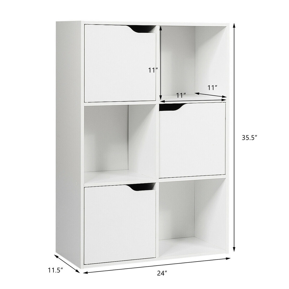 6 Cubes Wood Storage Shelves with Doors, Modern Bookcase Cabinet for Home Office Organization