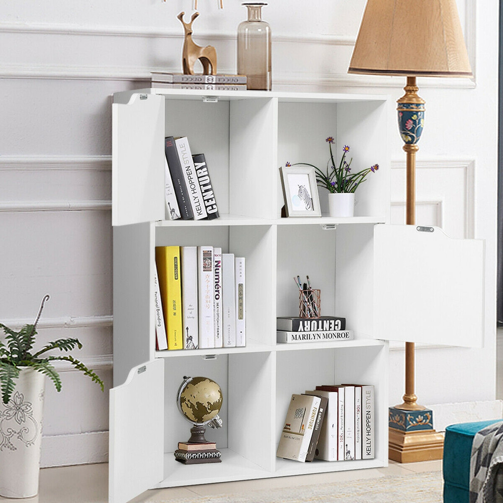 6 Cubes Wood Storage Shelves with Doors, Modern Bookcase Cabinet for Home Office Organization