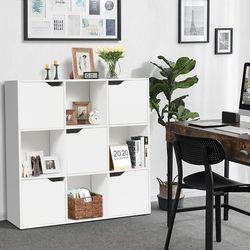 9 cube wooden freestanding bookcase for home and office, modern cube storage shelf with doors, vertical wood divider