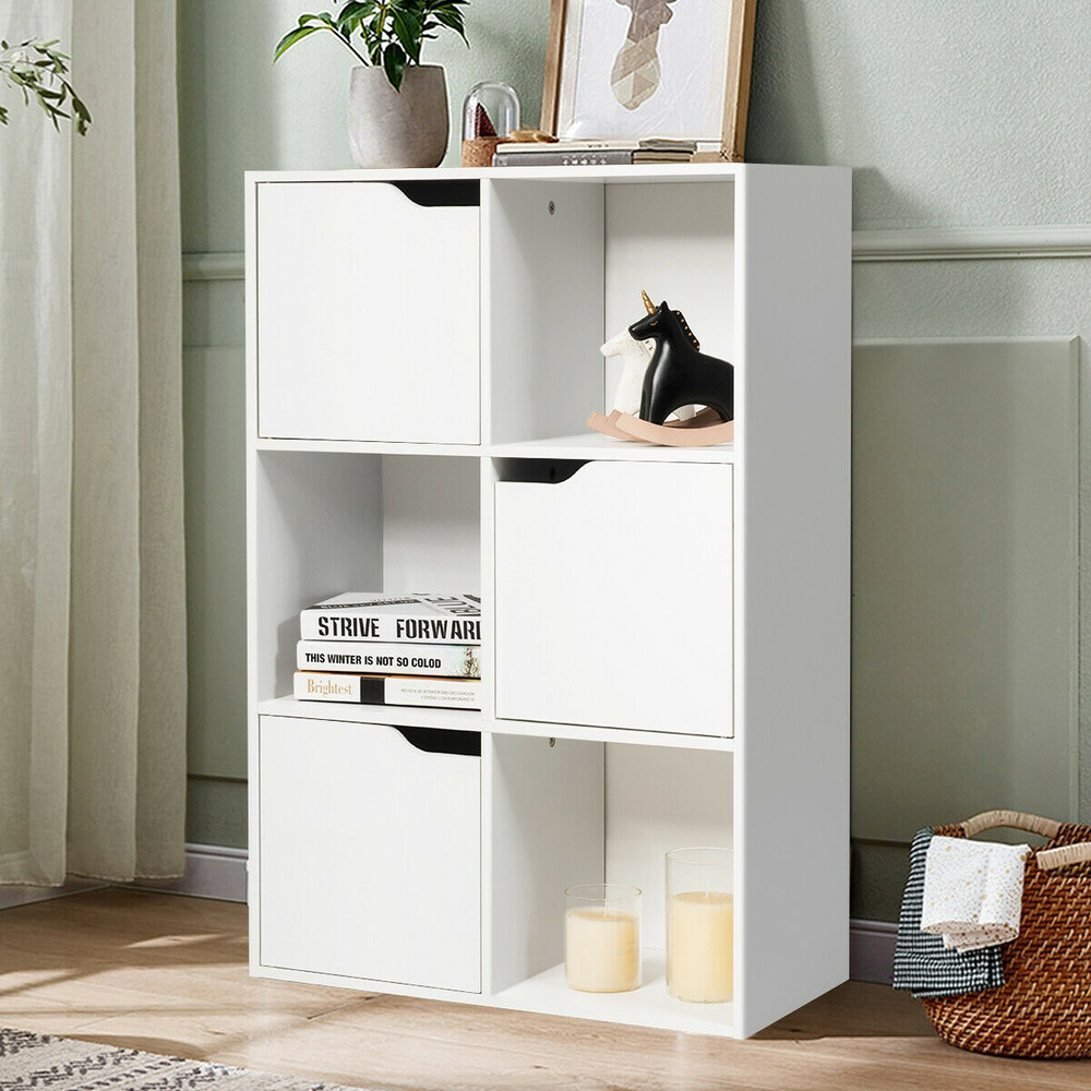 6 Cubes Wood Storage Shelves with Doors, Modern Bookcase Cabinet for Home Office Organization
